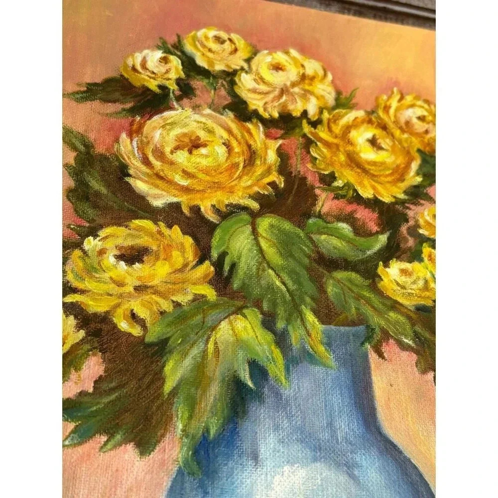 Flowers Yellow Roses Pajnting Oil on Canvas Mid Century Signed Vintage MCM - Picture 3 of 8